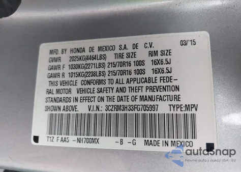 2015 Honda Cr-V Lx z USA, uszkodzony, nr VIN 3CZRM3H33FG705997